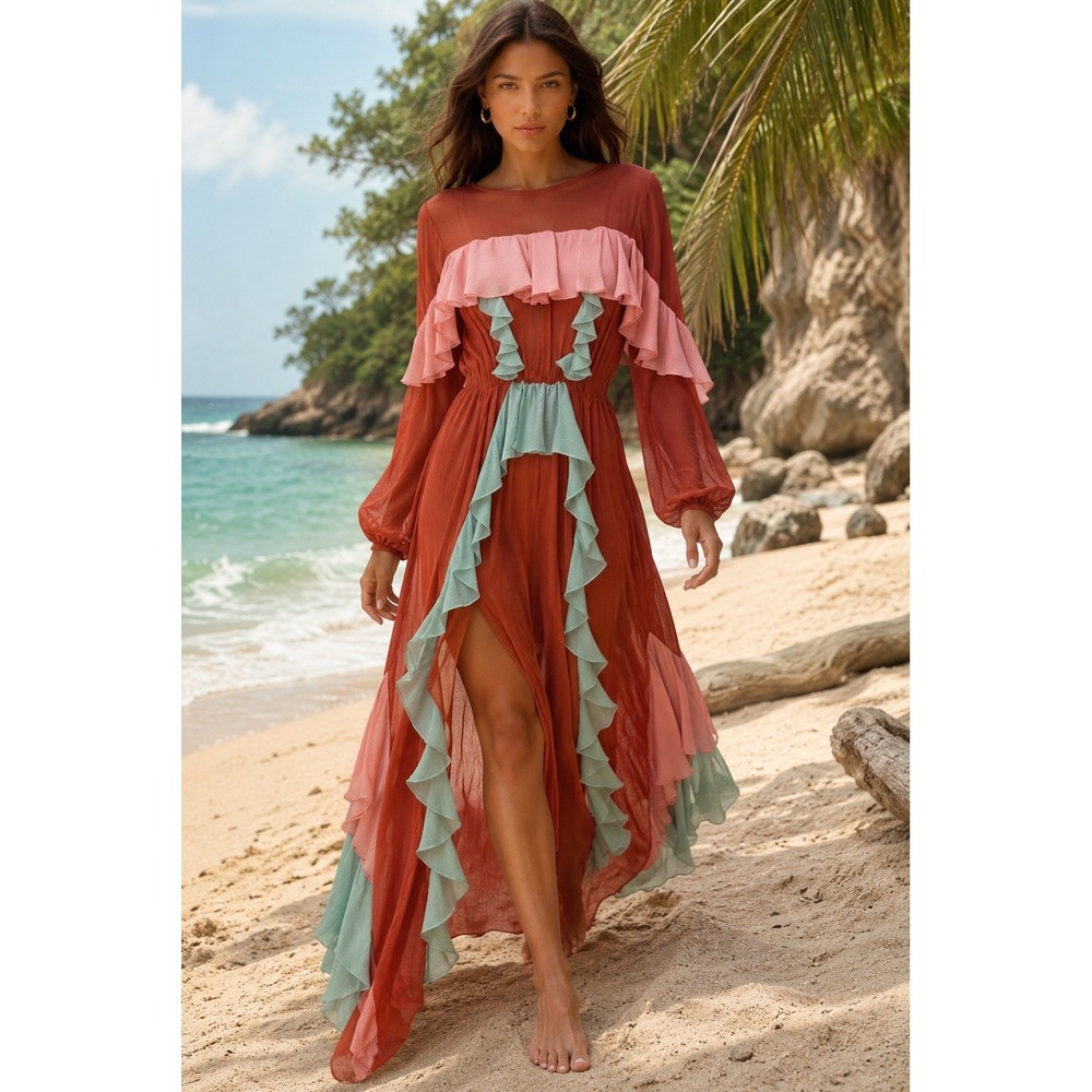 Agua de Coco Ruffle Maxi Swim Cover Up Boho Resortwear Tropical Vacation Dress